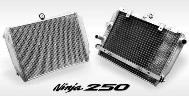 Two motorcycle radiators on a white background with 'Ninja 250' branding.
