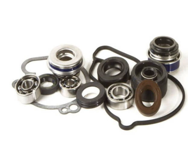 Collection of mechanical bearings and seals on a white background