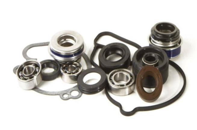 Collection of mechanical bearings and seals on a white background