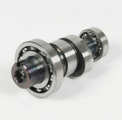 Metallic camshaft with bearings on a white background