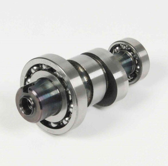 Metallic camshaft with bearings on a white background