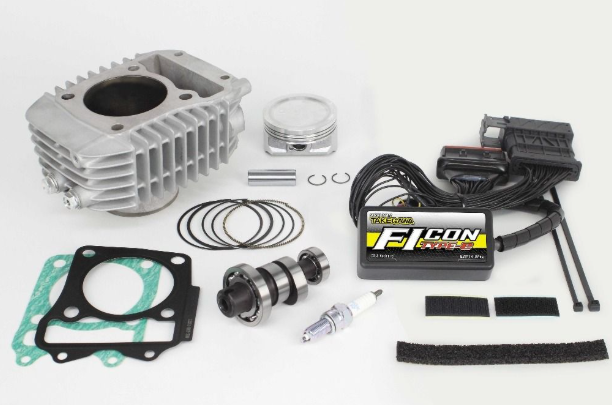 Motorcycle engine parts and accessories on a white background