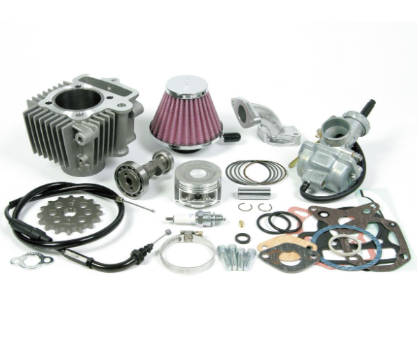 Collection of motorcycle engine parts on a white background