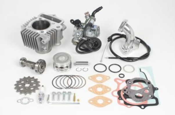 Motorcycle engine parts including cylinder, piston, and gaskets on a white background