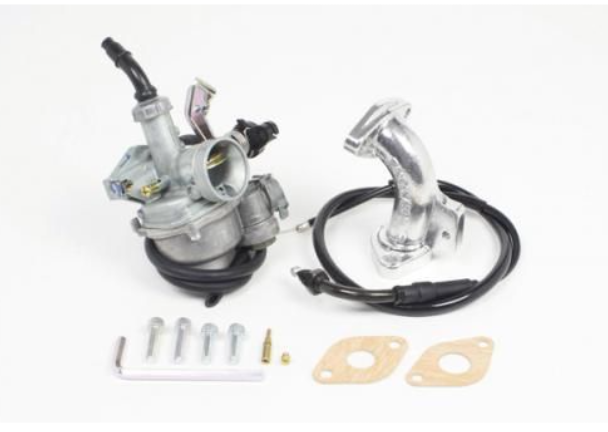 Carburetor and related parts on a white background
