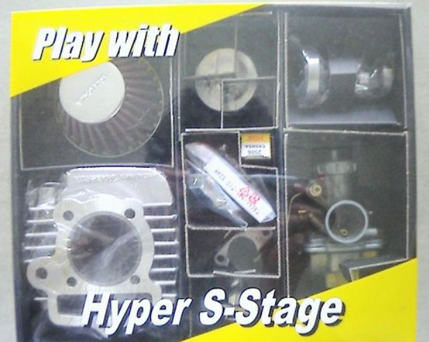 Model engine kit packaging with 'Play with Hyper S-Stage' text on a yellow border.