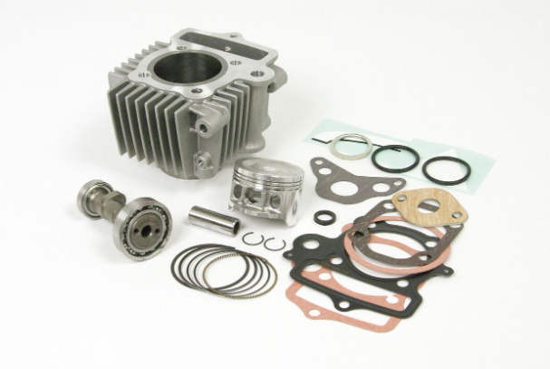 Engine parts including a cylinder, gaskets, and seals on a white background