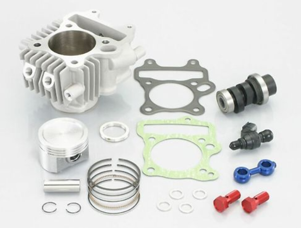 Engine parts including cylinder head, piston, gaskets, and bolts on a white background