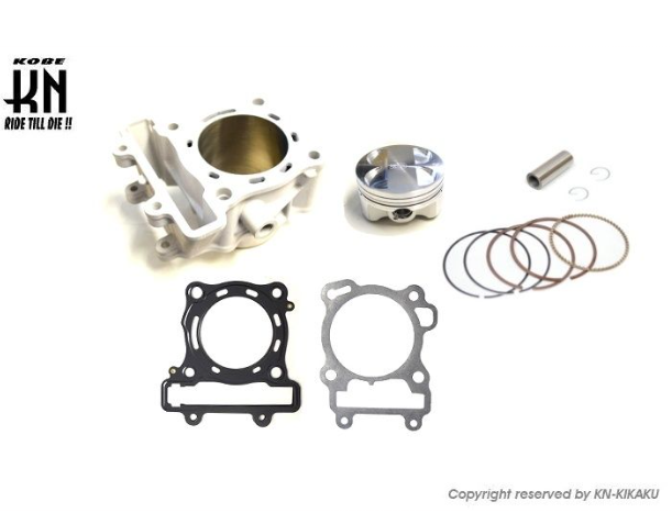 Motorcycle engine parts including a cylinder, piston, gaskets, and rings on a white background with K&N branding.
