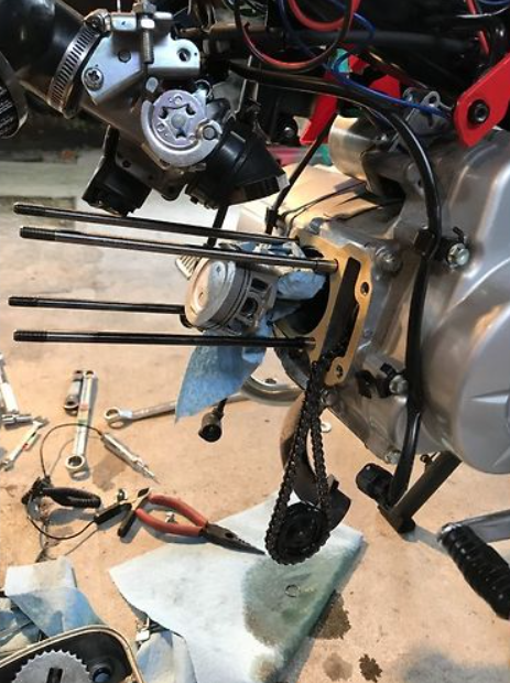 Engine assembly with tools on a workbench
