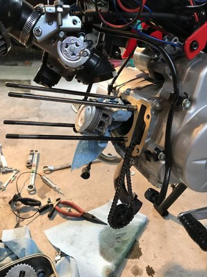 Engine assembly with tools on a workbench