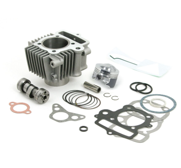 Engine parts including a cylinder head, piston, rings, and gaskets on a white background