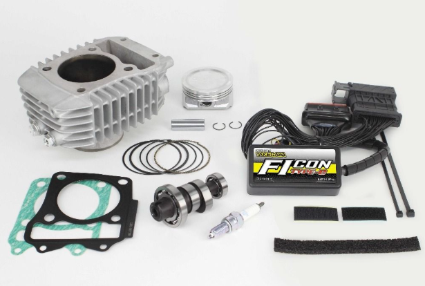 Motorcycle engine parts and accessories on a white background