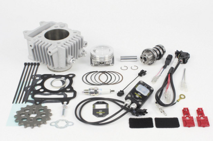 Collection of mechanical parts and tools on a white background
