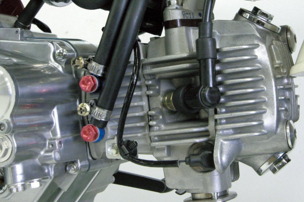 Close-up of a motorcycle engine with visible components on a white background