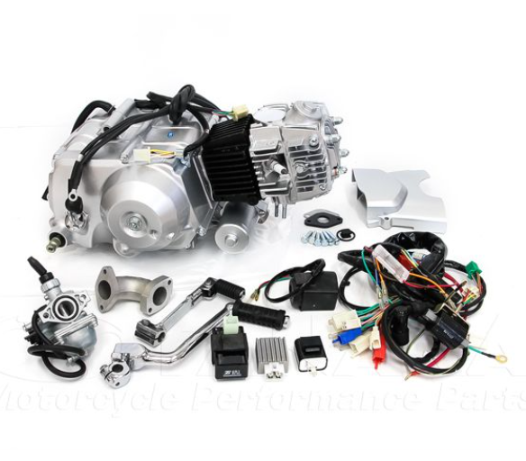 Motorcycle engine parts on a white background