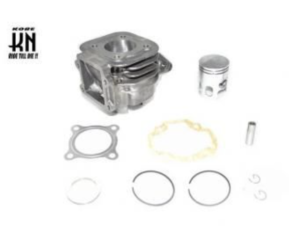 Engine cylinder head with piston, gaskets, and other components on a white background