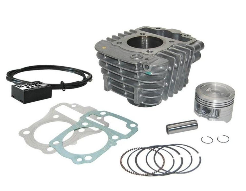 Engine cylinder kit with piston, rings, gaskets, and other components on a white background