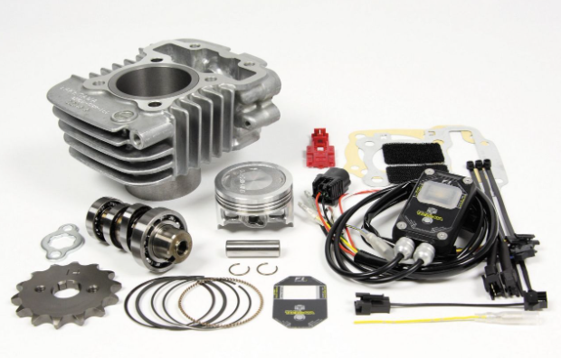 Engine parts including a cylinder head, piston, and various components on a white background