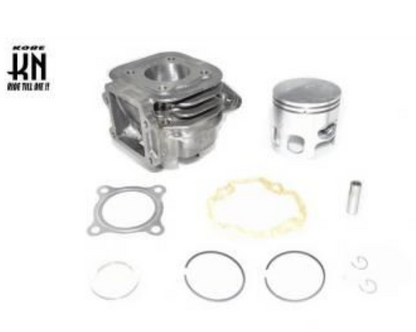 Engine cylinder head with piston, gaskets, and rings on a white background