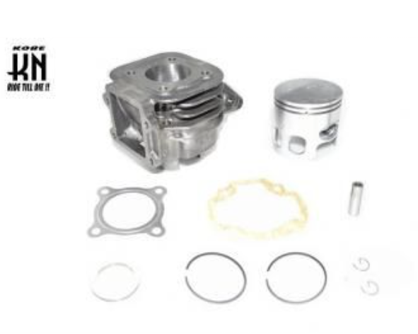 Engine cylinder head with piston, gaskets, and rings on a white background