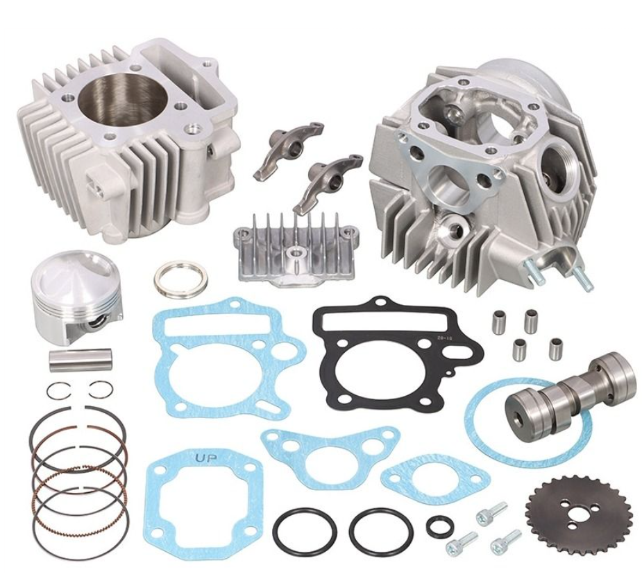Engine parts including cylinders, gaskets, and seals on a white background