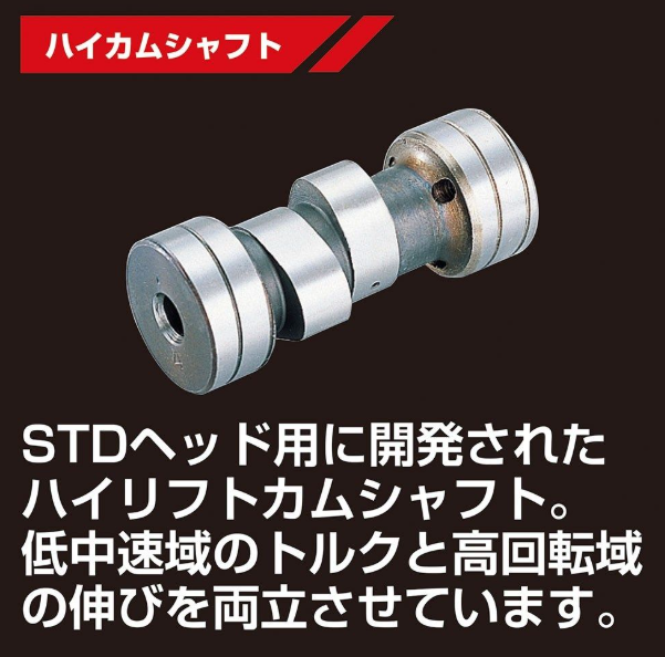 Metal camshaft on a black background with Japanese text