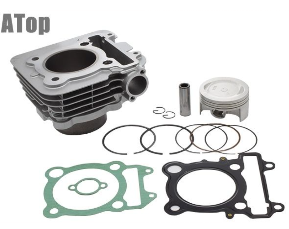 Engine cylinder head, piston, rings, and gaskets on a white background with 'ATop' branding.