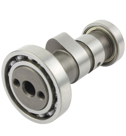 Metallic camshaft component on a white background