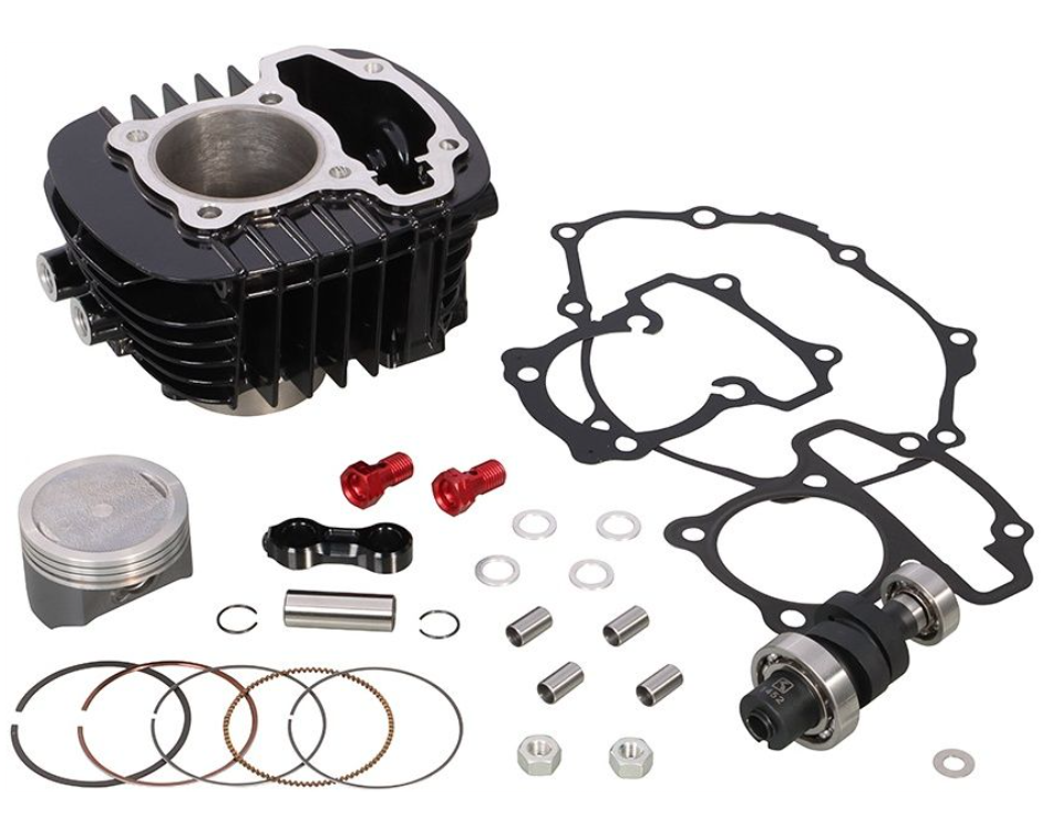 Engine parts including a cylinder head, piston, rings, and gaskets on a white background