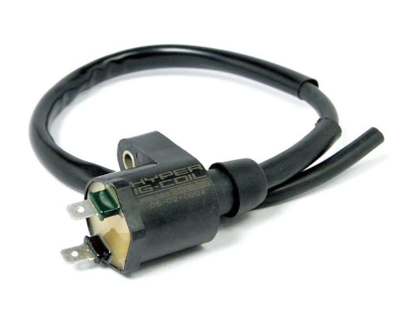 Ignition coil with black cable on a white background