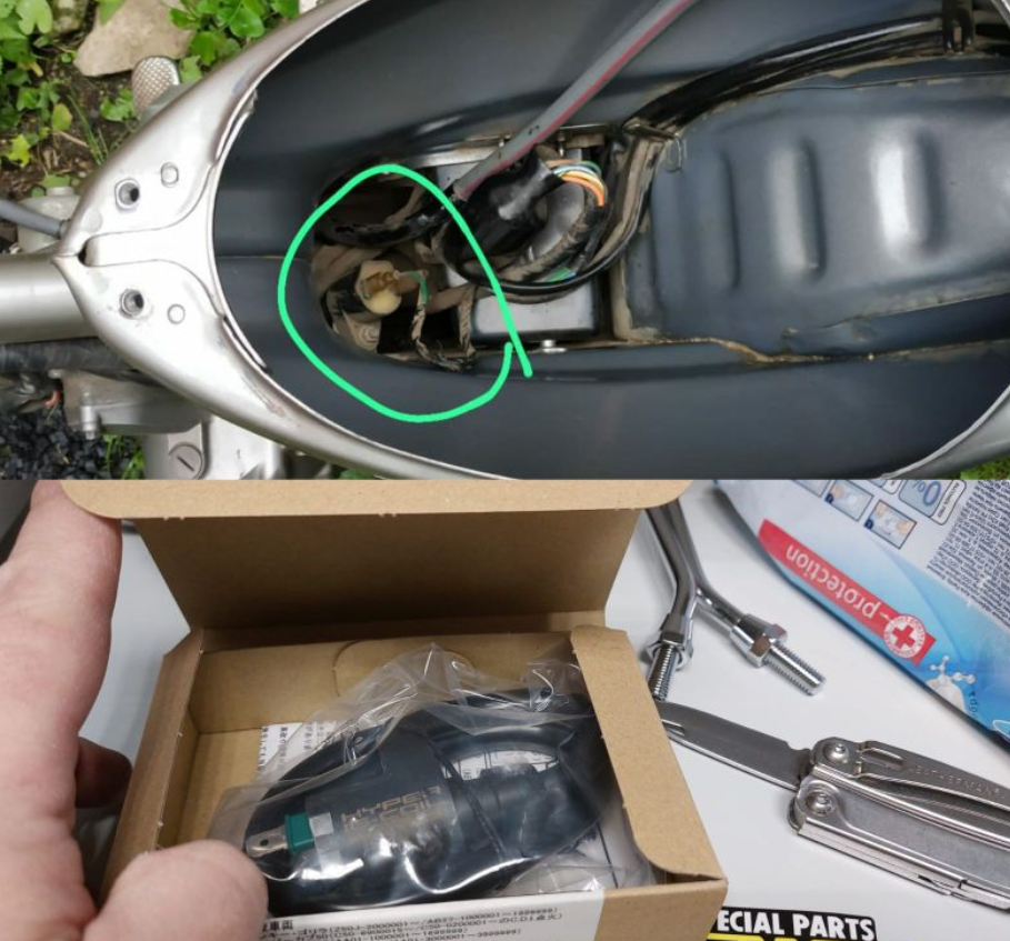 Close-up of a motorcycle exhaust with a green circle highlighting a component, and a hand holding a tool next to a box of parts.