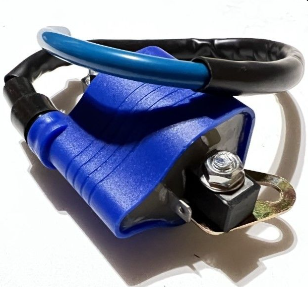 Blue and black tool with a handle on a white background