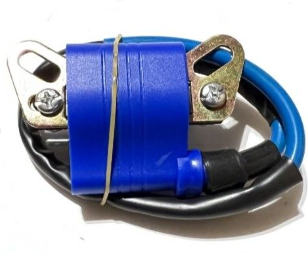 Blue electrical connector with metal clamps on a white background