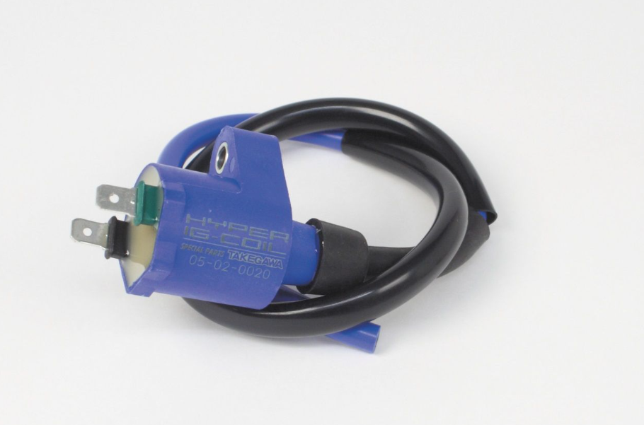 Blue electrical component with black cable on a white background