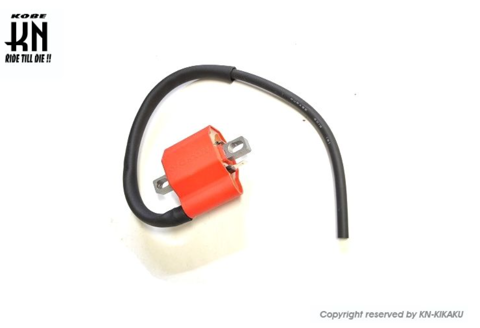 Red ignition coil with black cable on a white background, featuring K&N logo.