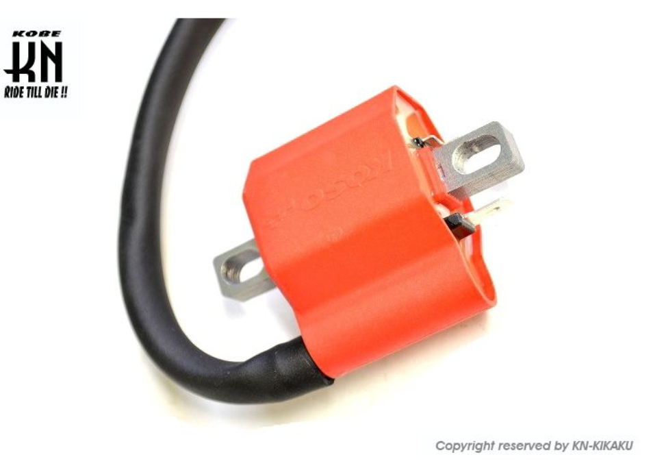Red ignition coil with black cable on a white background, featuring K&N logo.