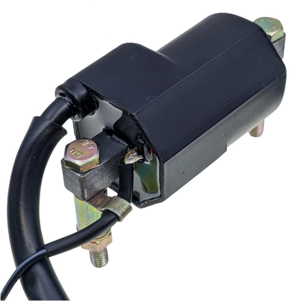 Black electrical component with wiring on a white background