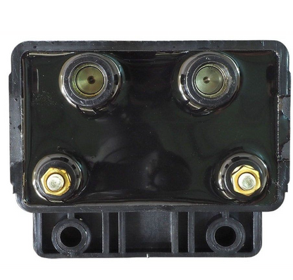 Black electrical connector with four metallic terminals on a white background