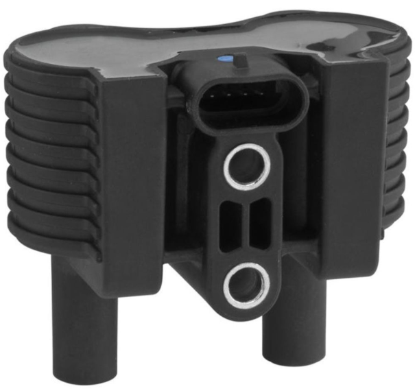 Black automotive component with connectors on a white background