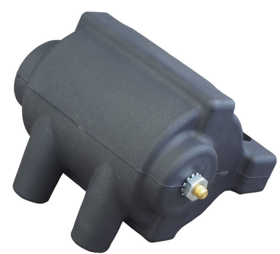 Black mechanical component with a gold screw on a white background