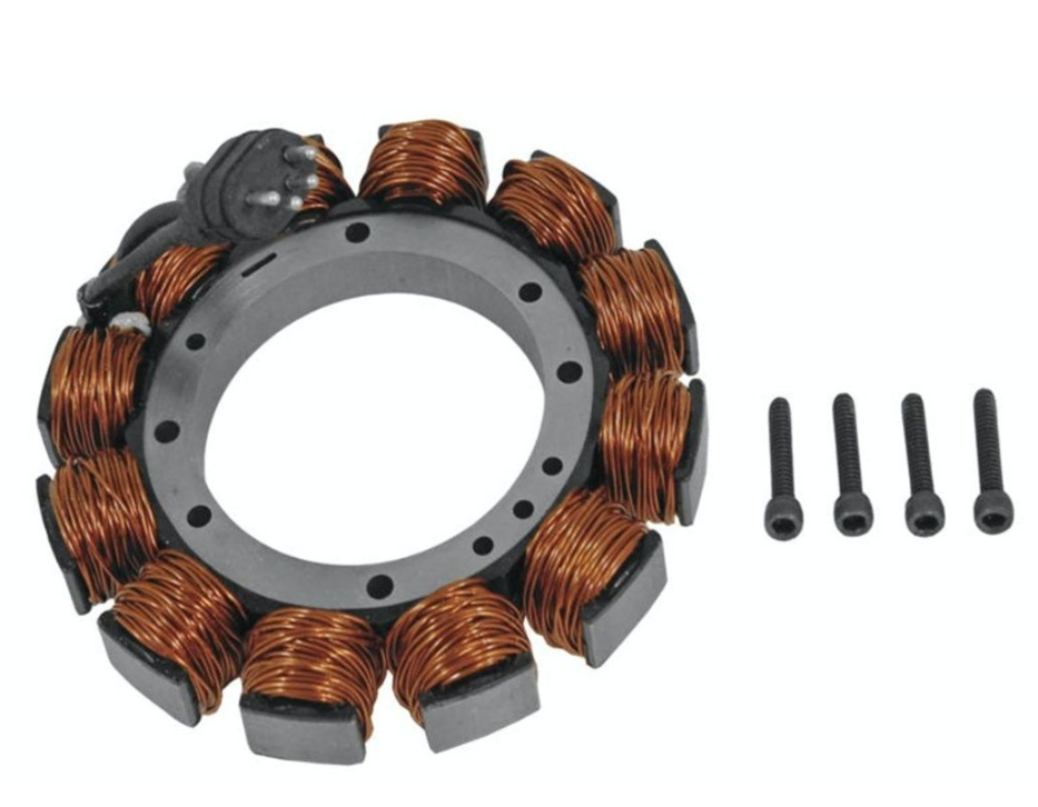 Motor stator with copper windings and screws on a white background