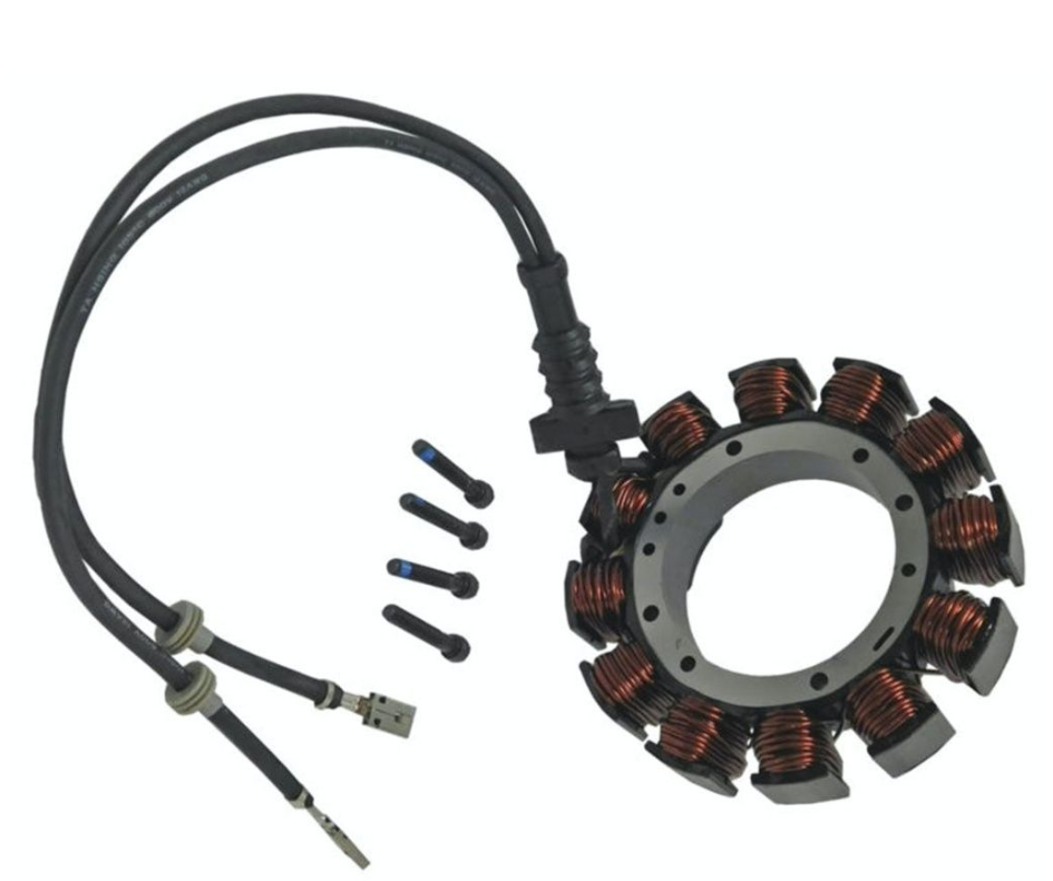 Motor stator with wiring harness and connectors on a white background