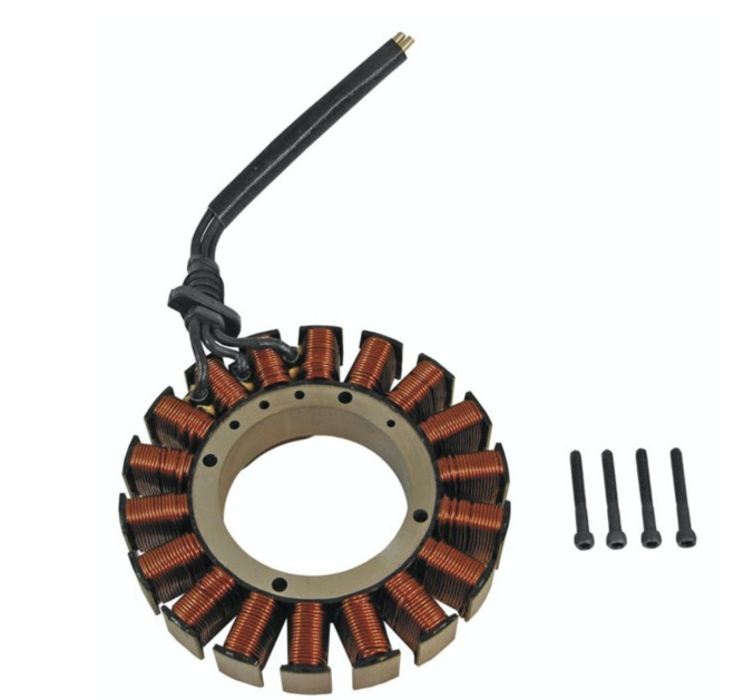 Motor stator with copper windings and screws on a white background