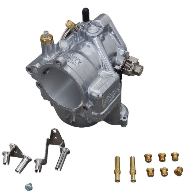 Carburetor assembly with additional parts on a white background