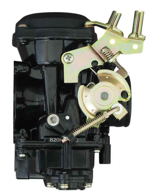 Mechanical component with black casing and gold and silver metal parts on a white background