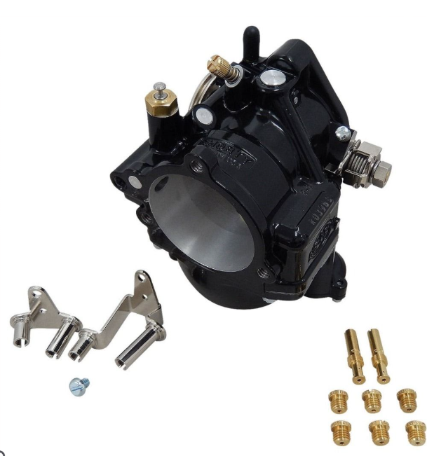 Carburetor assembly with mounting brackets and screws on a white background