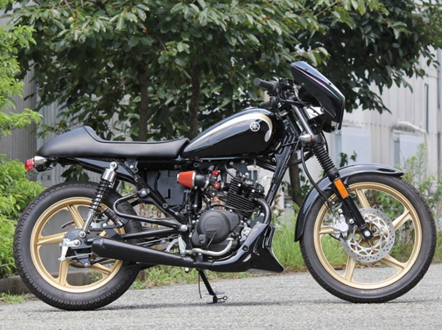 Black motorcycle parked on a road with greenery in the background