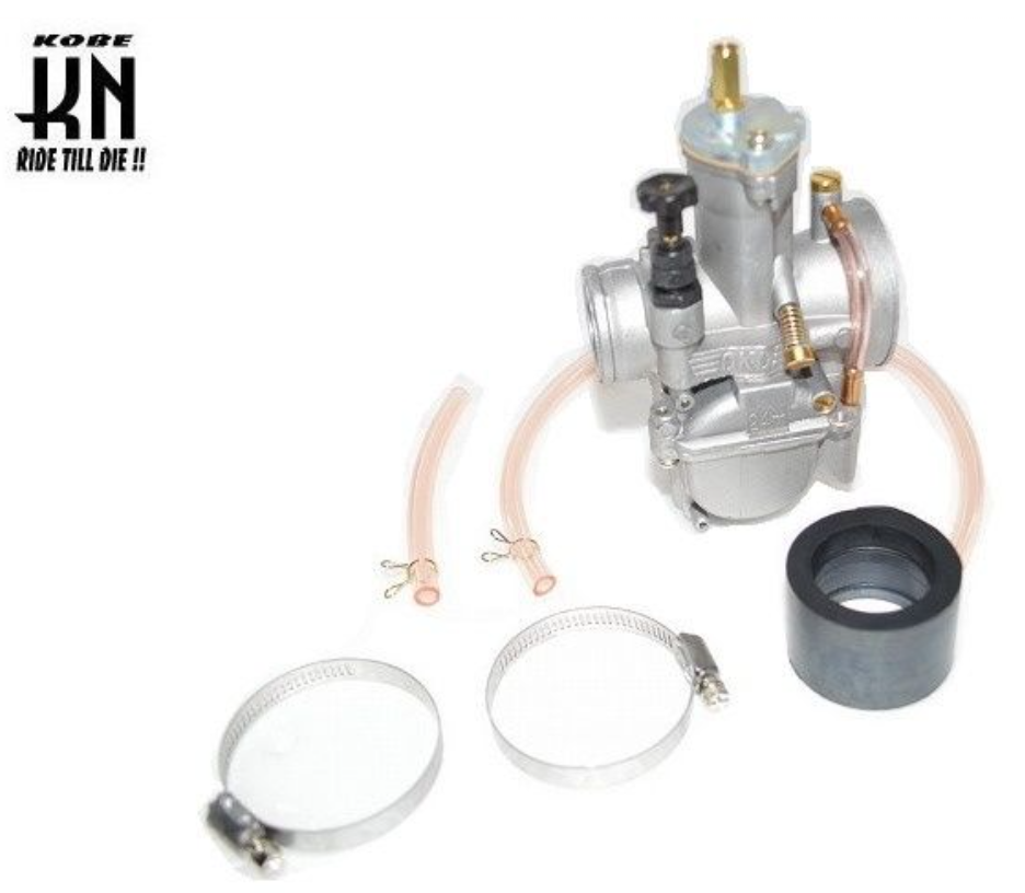 Motorcycle carburetor kit with hoses and clamps on a white background, featuring 'Kobe' branding.