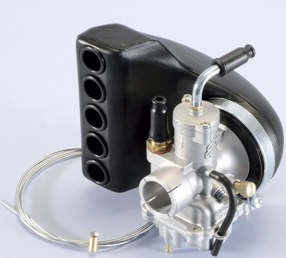 Mechanical engine component with black and silver design on a light gray background